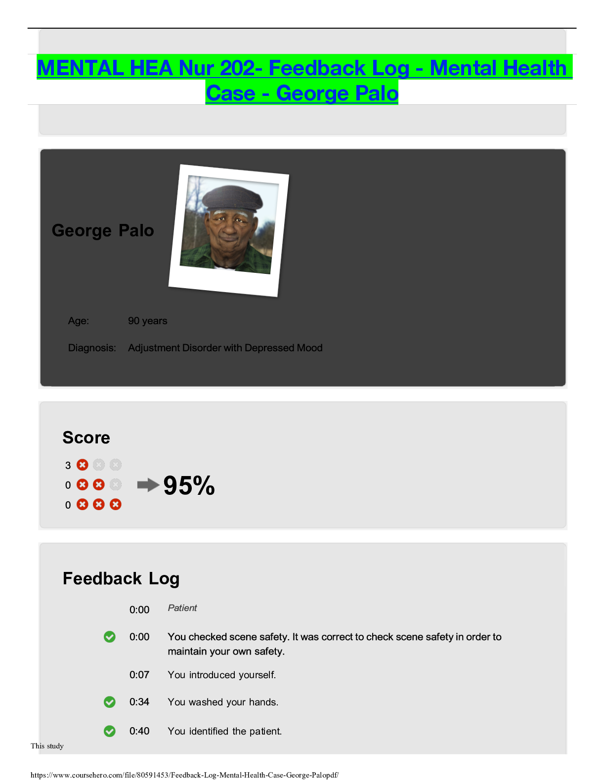 Preview of MENTAL HEA Nur 202- Feedback Log - Mental Health Case - George Palo